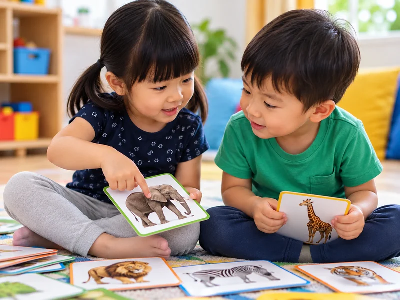Two young children sharing illustrated animal cards